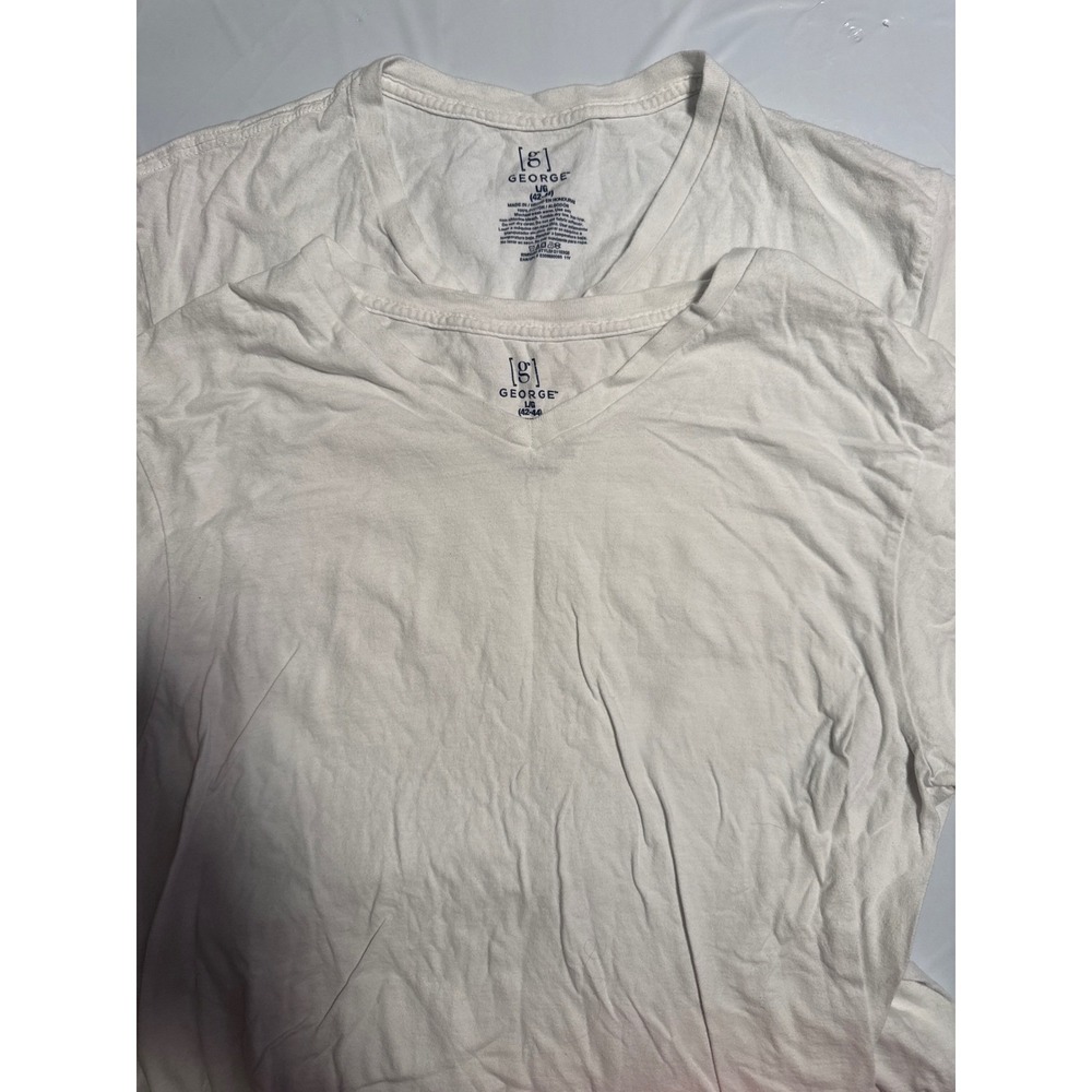 George Men's White V-Neck T-Shirts L Cotton Blend Undershirt Lot‎ of 2